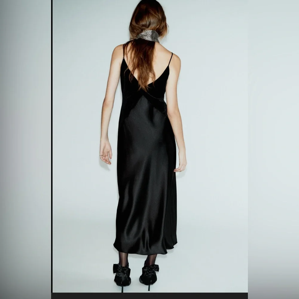 Zara Black Satin Midi Slip Dress with Lace Inset